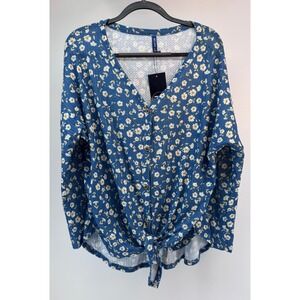 IWollenCE Blue Floral Button Front Tie Waist V Neck Long Sleeve Women Top